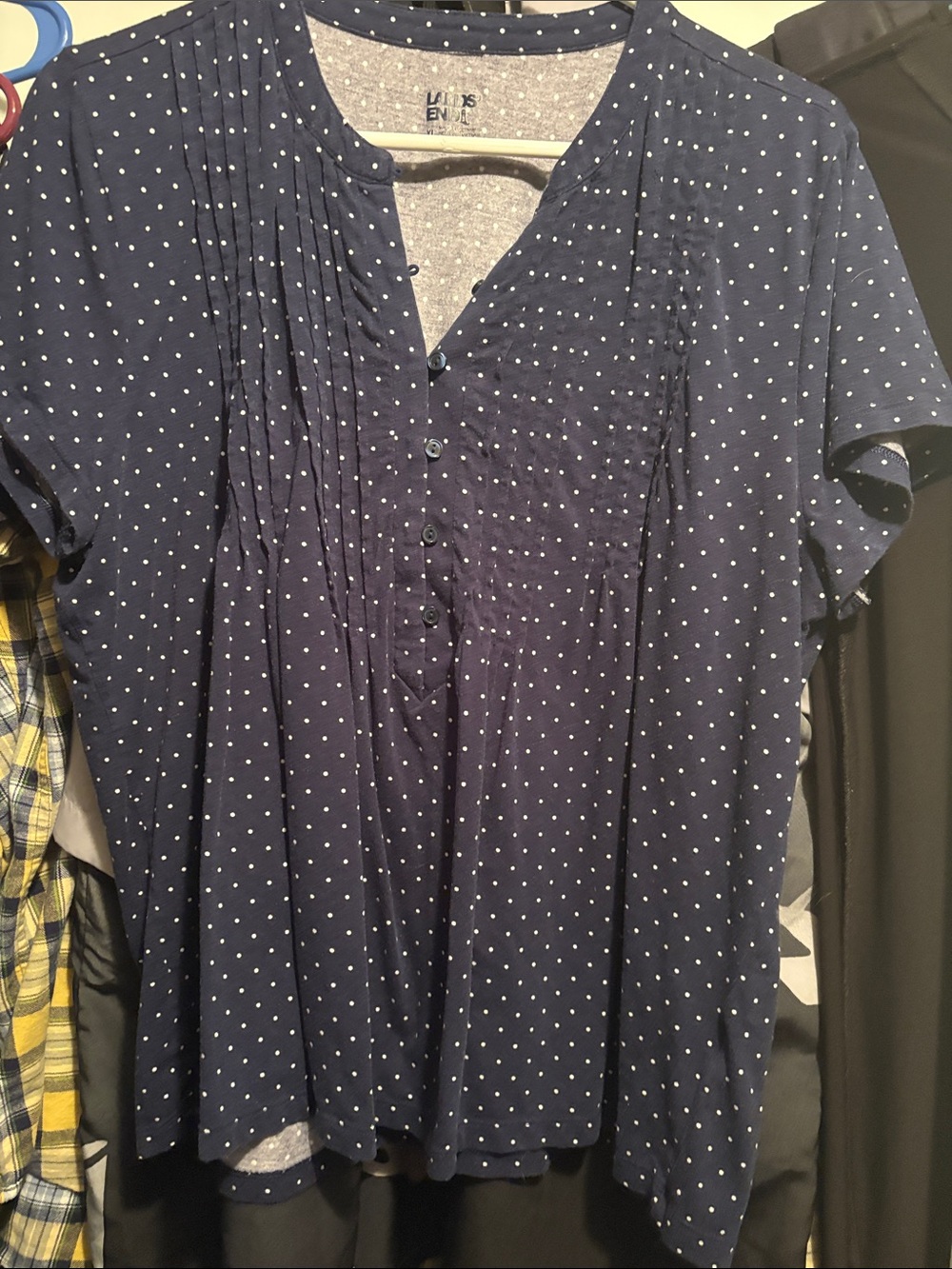 Lands' End Navy Blue Polka Dot Short-Sleeve Blouse